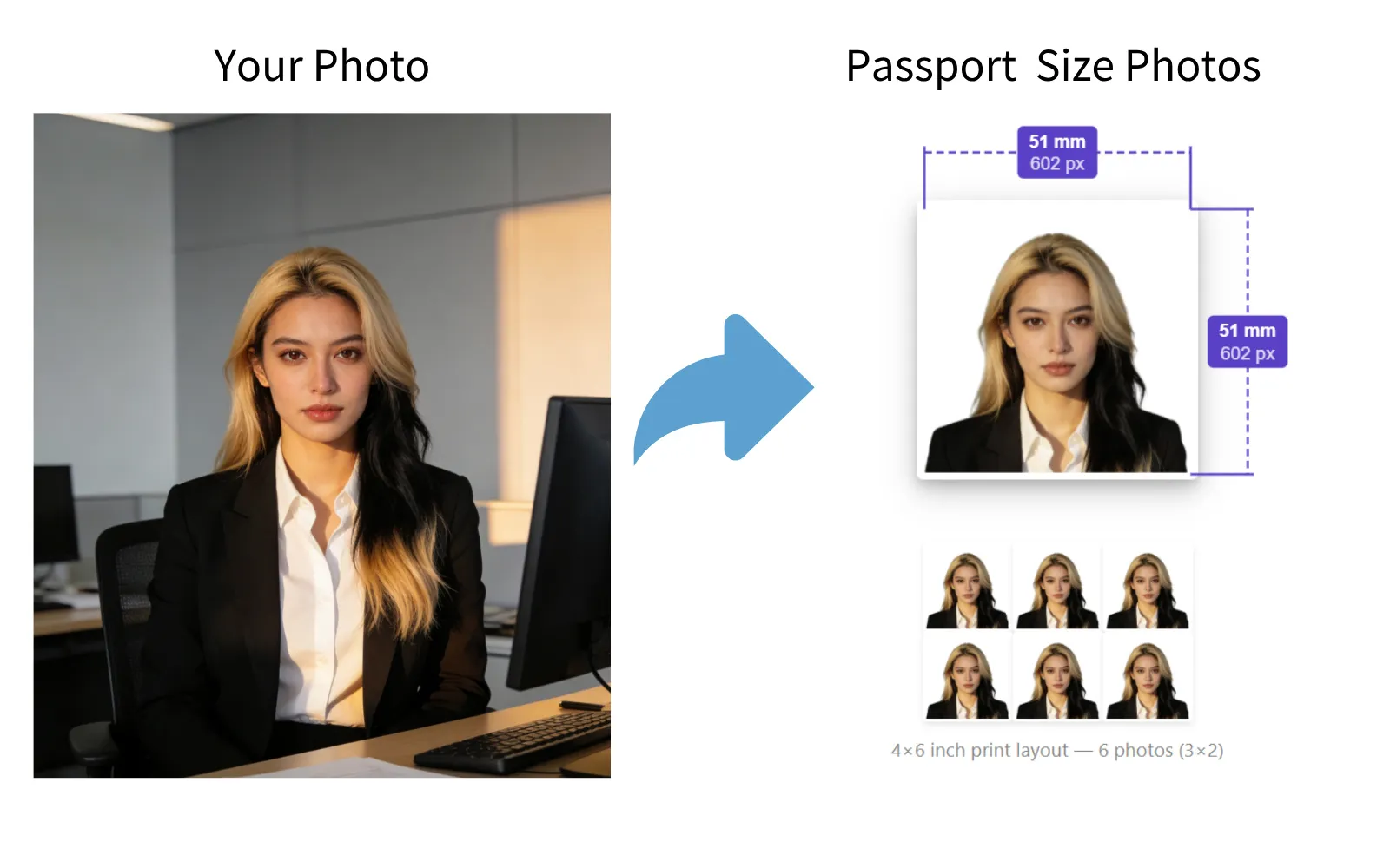 Create compliant passport photos online - AI-powered passport photo maker showing before and after background removal