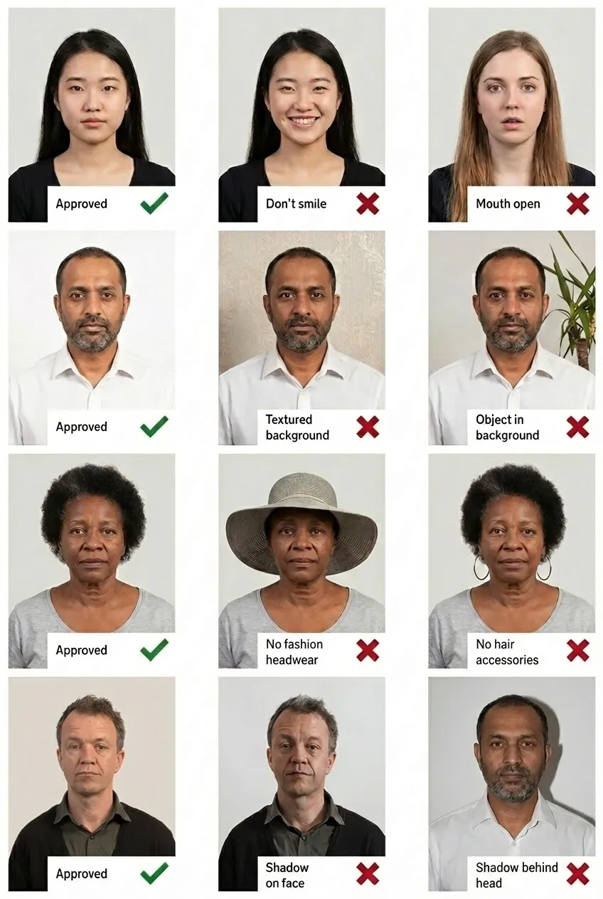Good and bad examples of visa photos