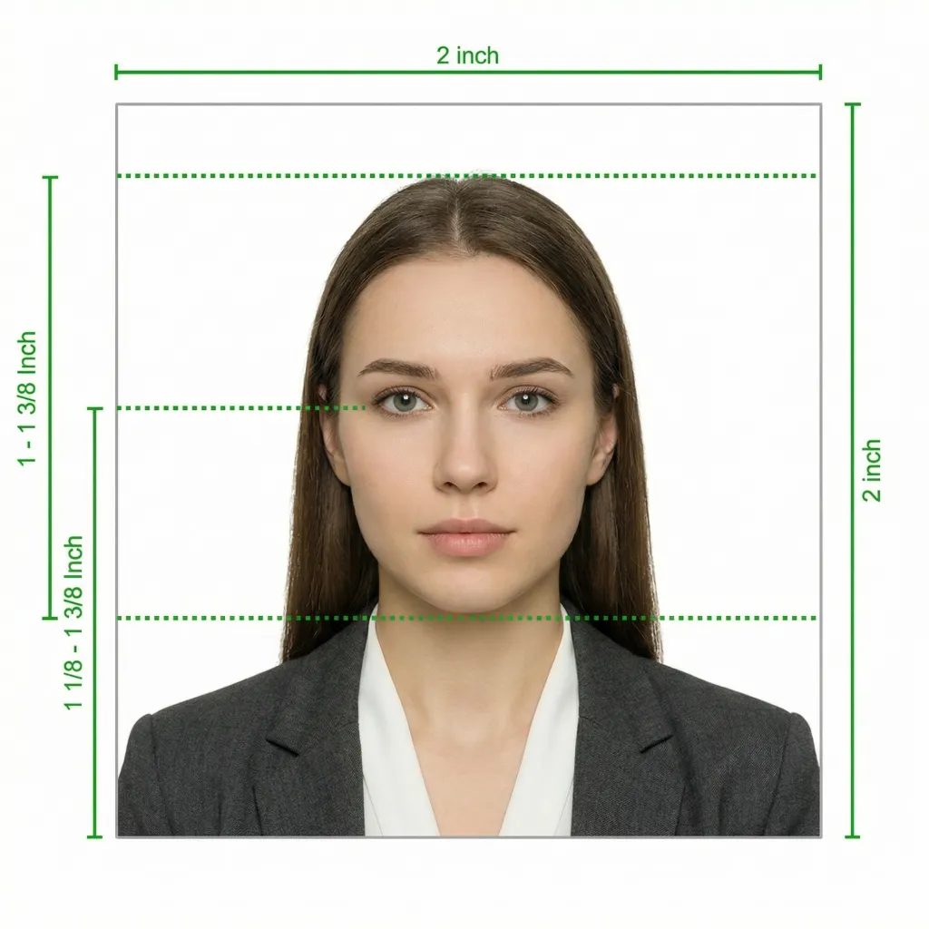 US EAD Photo Size Diagram - 2x2 inches with head size 1 to 1-3/8 inches